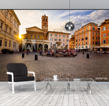 Picture of Basilica di Santa Maria in Trastevere and Piazza di Santa Maria in Trastevere at sunset Rome Italy Trastevere is rione of Rome on west bank of Tiber in Rome Architecture and landmark of Rome